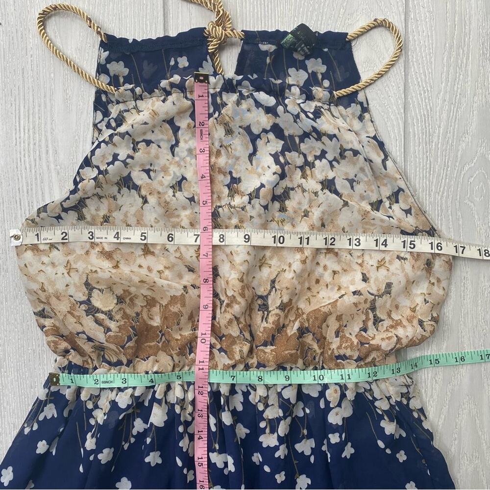 Hologram Navy Blue & Cream Floral Gold Braided Halter Maxi Dress Size Medium - Picture 5 of 10